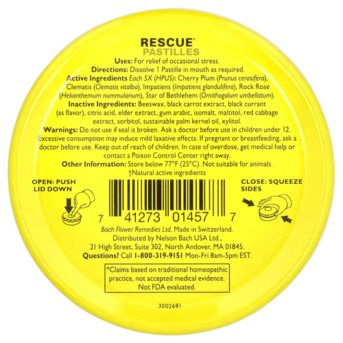 Bach, Rescue®, пастилки для снятия стресса природным способом, со вкусом черной смородины, 35 пастилок