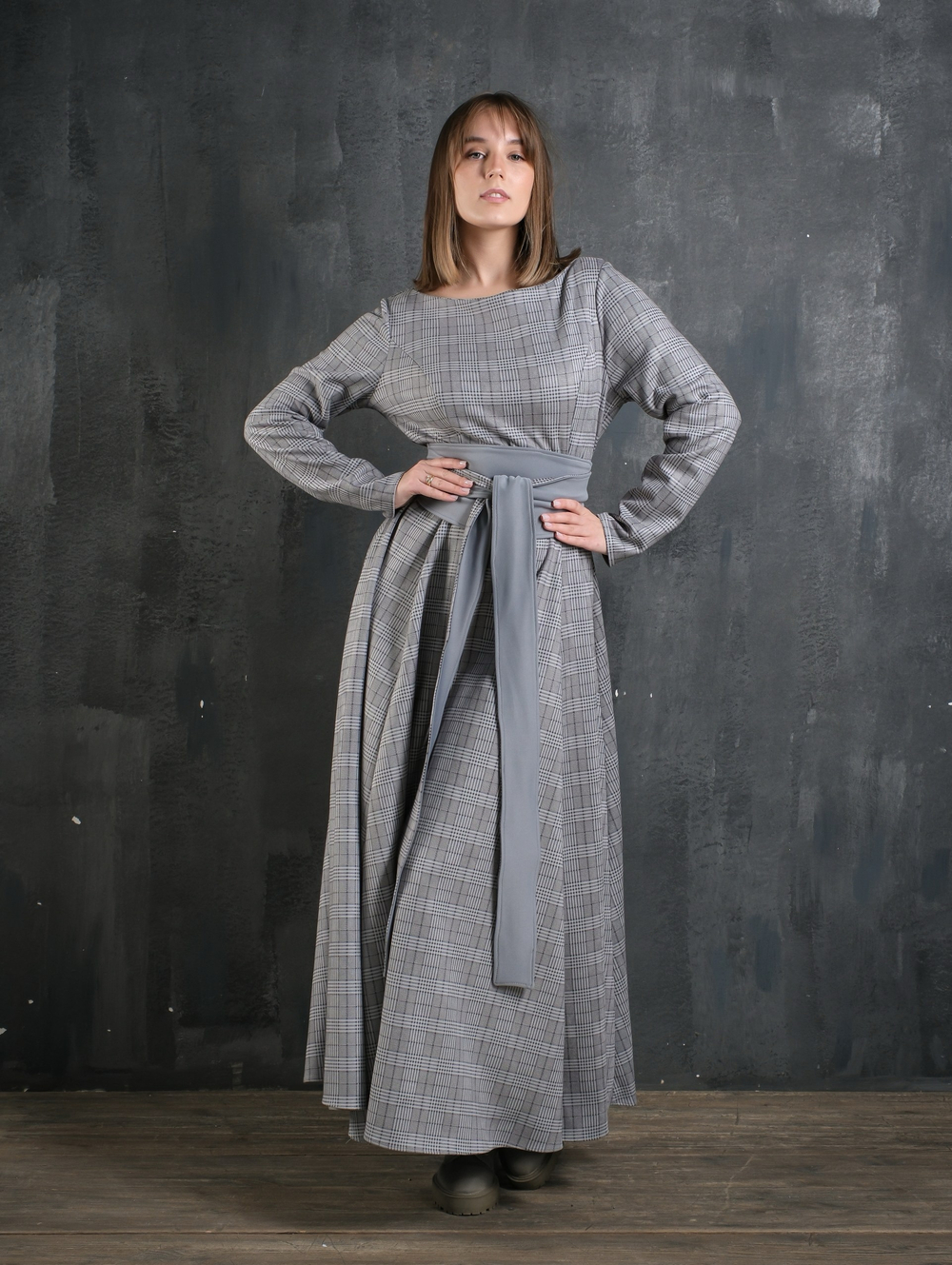 Платье с кушаком /серо-голубая клетка