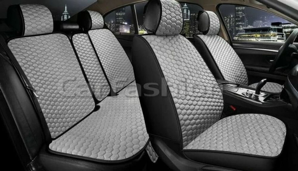 Накидки сидений ПОЛНЫЙ CarFashion (кт) -«SOTA PLUS» 22666 -Велюр серый/черный/шов серый