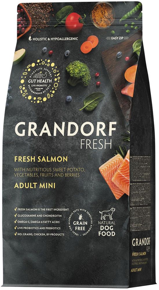 Grandorf Fresh 1кг Holistic Mini Salmon&amp;Sweet Potato Сухой корм для собак малых пород, свежее филе лосося с бататом