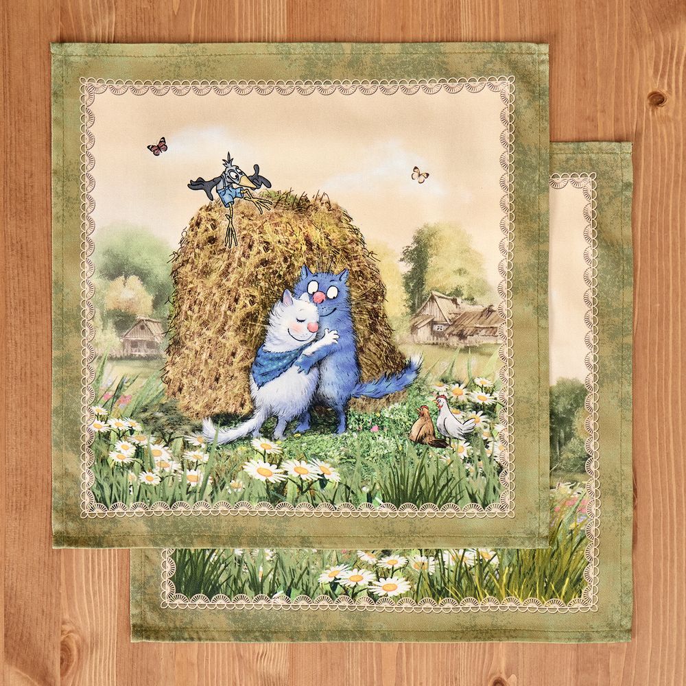 НАБОР САЛФЕТОК ИЗ 2-Х ШТ "СИНИЕ КОТЫ. ПРО ЛЮБОВЬ",40Х40СМ, 100% ХЛОПОК,ТВИЛ, БЕЖ