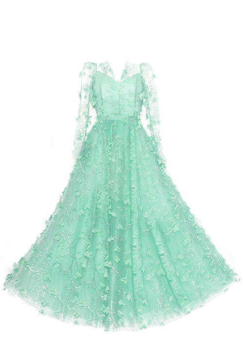 Вечернее платье в пол мятное из сетки с вышивкой 64-16SS
