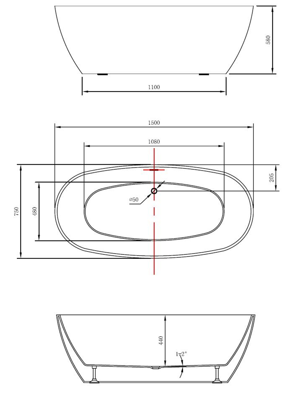 Ванна акриловая Vincea VBT-405-1500, 1500*750*580, цвет белый, щелевой перелив
