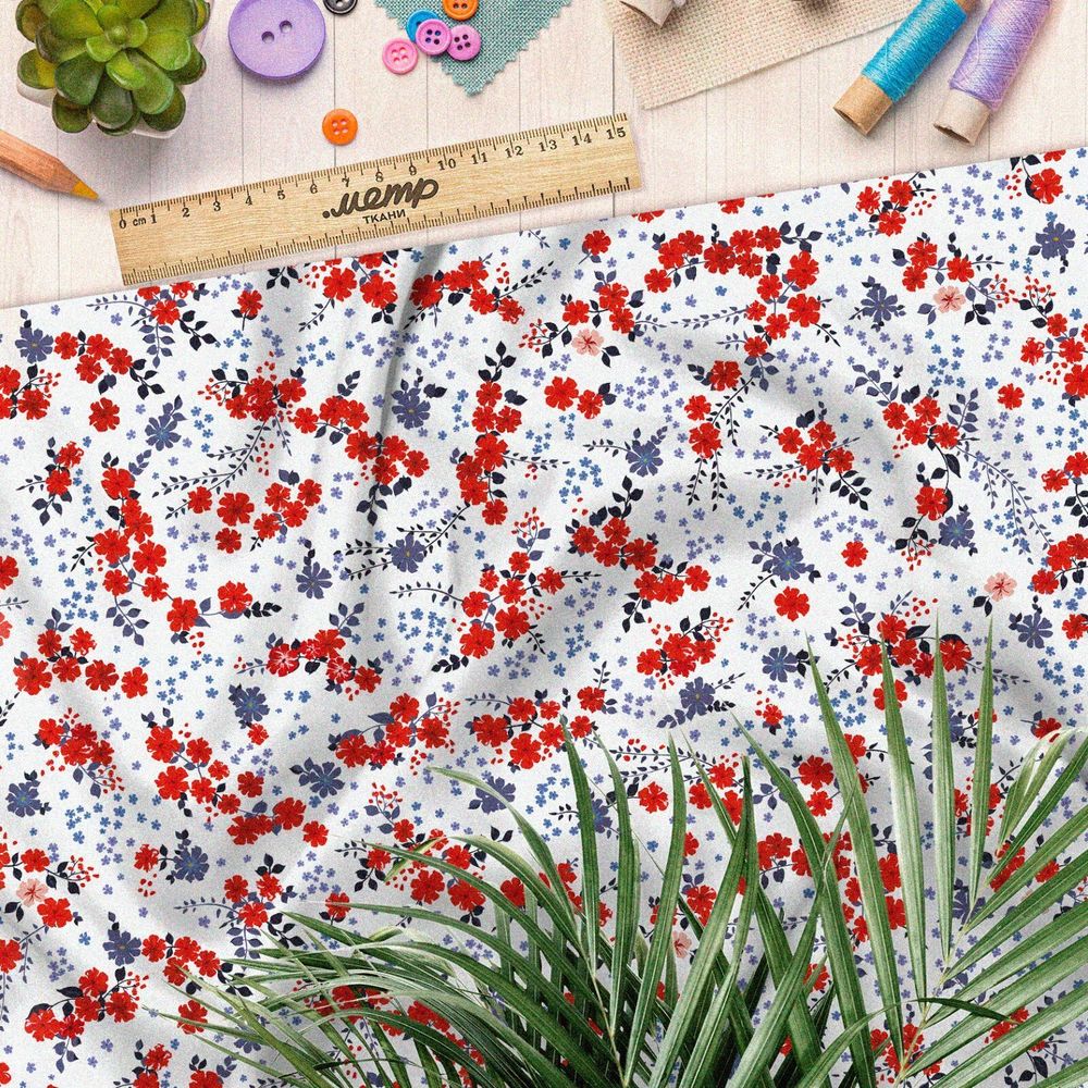 Ткань муслин мелкие красные цветочки