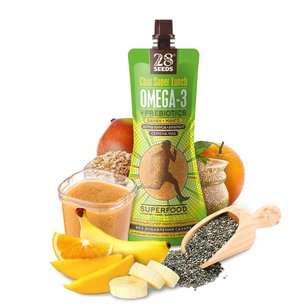 Ассорти Супер-ланчи 28SEEDS Чиа ОМЕГА-3 4 шт: Банан+Манго 2 шт, Банан+Вишня 2 шт, смузи без сахара, пп