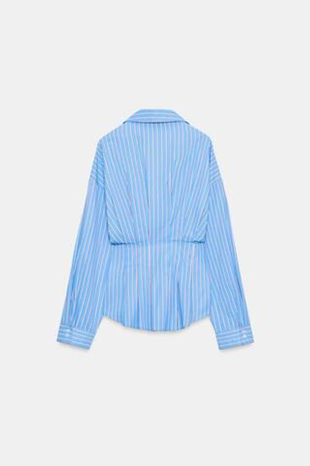 ZARA РУБАШКА ИЗ ПОПЛИНА СО СКЛАДКАМИ, КРАСНАЯ ПОЛОСКА