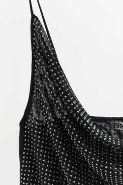 ZARA КРОП-ТОП ИЗ ПОЛУПРОЗРАЧНОЙ ТКАНИ СО СТРАЗАМИ, ЧЕРНЫЙ