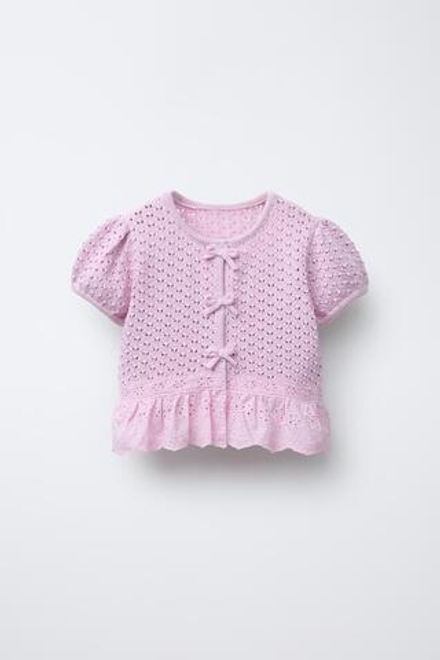 ZARA ВЯЗАНЫЙ КАРДИГАН С БАНТАМИ И КРУЖЕВОМ, РОЗОВЫЙ/ЛИЛОВЫЙ