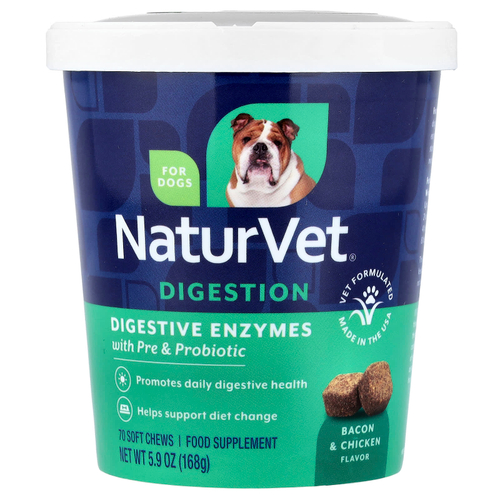 NaturVet, пищеварительные ферменты с пребиотиками и пробиотиками, для собак, бекон и курица, 70 жевательных таблеток, 168 г (5,9 унции)