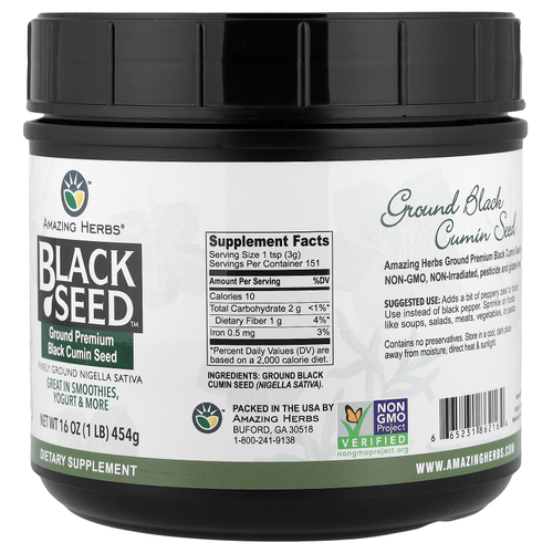 Amazing Herbs, Black Seed™, молотые семена черного тмина премиального качества, 454 г (1 фунт)