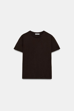 ZARA ХЛОПКОВАЯ ФУТБОЛКА В СТИЛЕ РУСТИК, ШОКОЛАДНЫЙ