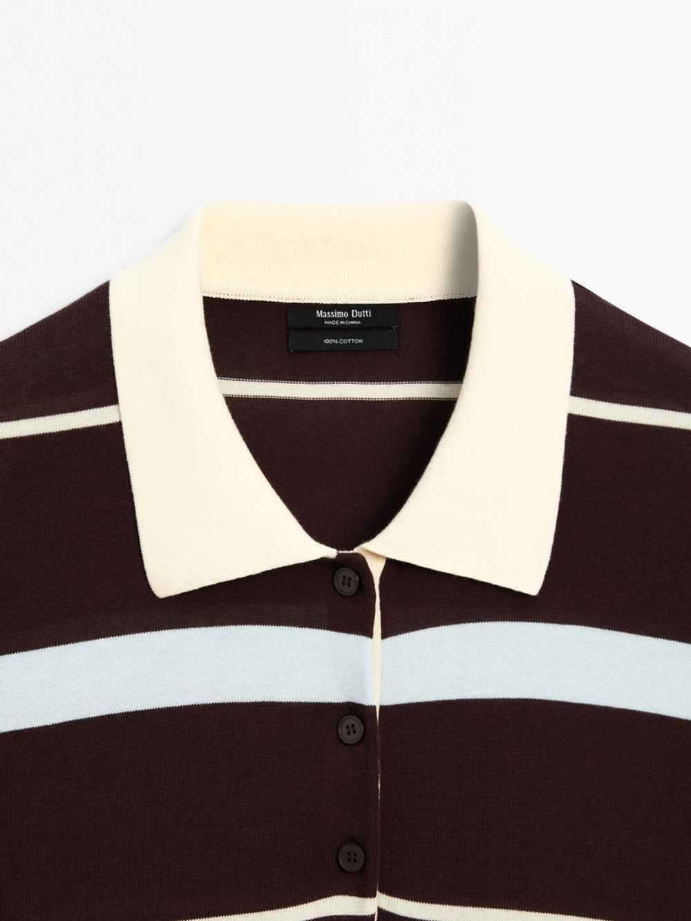 Massimo Dutti Свитер в полоску с воротником поло, шоколадный