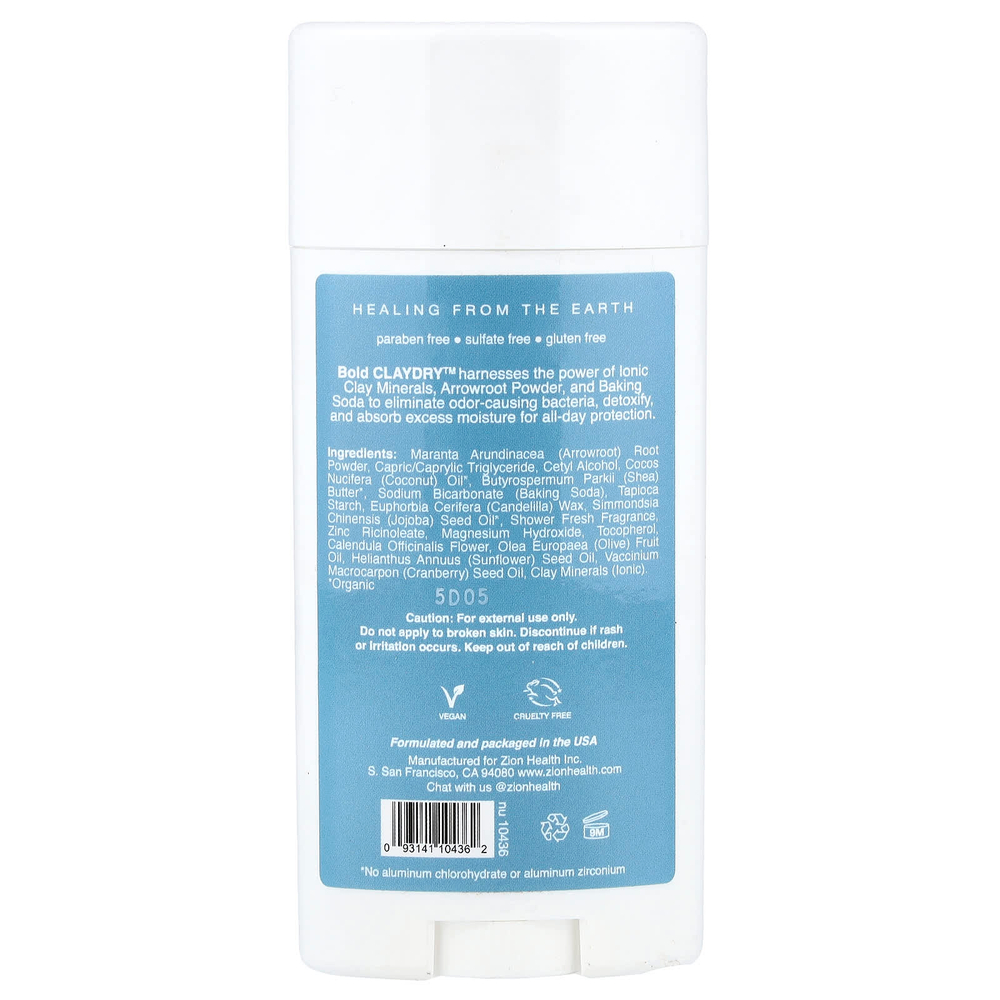 Zion Health, Bold, ClayDry Deodorant, Shower Fresh, 2,8 унции (80 г)