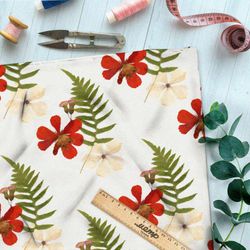 Ткань футер 2-х нитка крупные красные цветы и листья на белом фоне