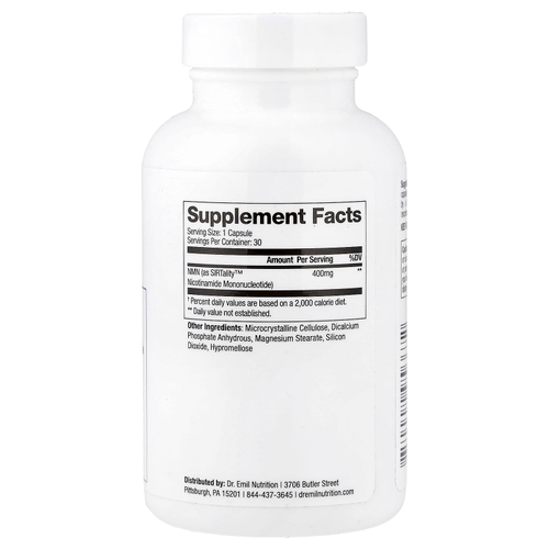 Dr. Emil Nutrition, NMN, никотинамидмононуклеотид, 400 мг, 30 капсул