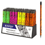 Карандаш ч/г Alingar HB, дерево, с ластиком, круглый, заточенный, ассорти, корпус с рисунком "Пламя", пластиковый стенд по 288 шт.