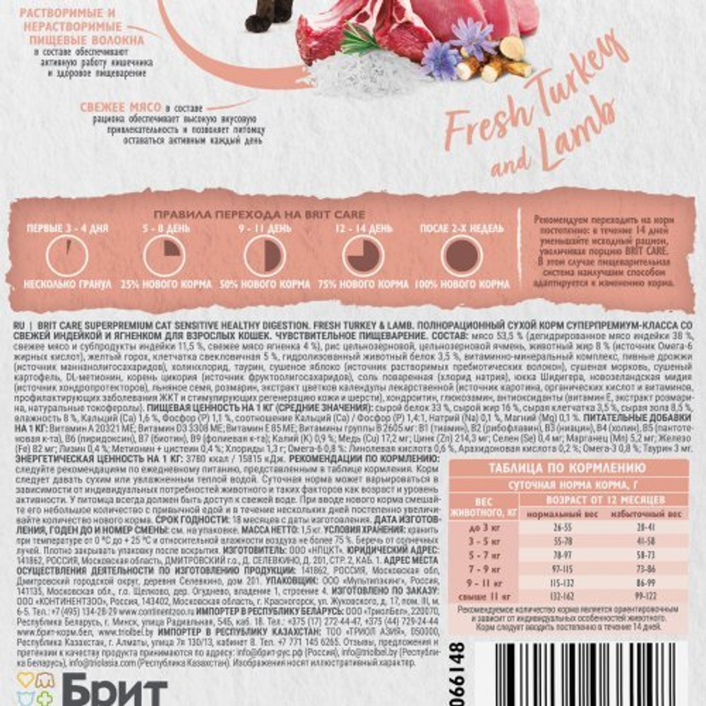 Сухой корм для взрослых кошек с чувствительным пищеварением с ягненком и индейкой Cat Sensitive Healthy Digestion BRIT CARE 1,5кг