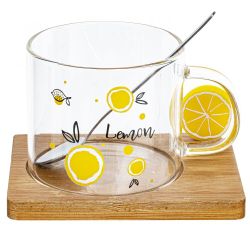 GAEM Кружка с ложкой на деревянной подставке, 300 мл, L12 W9,5 H8,5 см, 3в.