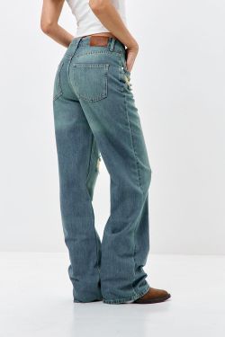 Джинсы wide leg с потертостями сине-зеленого цвета