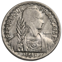 Монета 20 сантимов (centimes) 1941 год Французский Индокитай