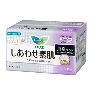 Прокладки гигиенические для критических дней дезодорирующие с крылышками и активированным углем 25 см 15 шт KAO Laurier Happy Bare Skin Deodorizing Plus