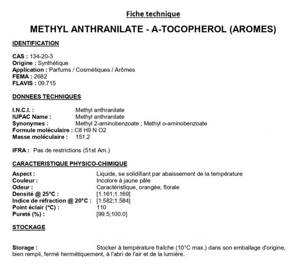 METHYL ANTHRANILATE - A-TOCOPHEROL (AROMES) / МЕТИЛАНТРАНИЛАТ - А-ТОКОФЕРОЛ (АРОМЫ) CAS 134-20-3