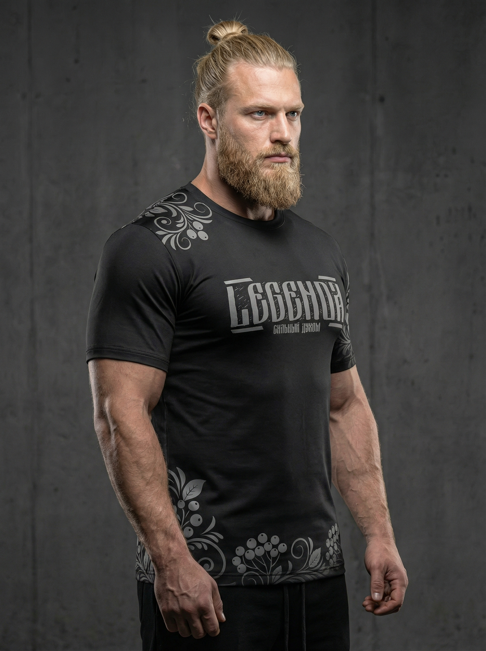 Футболка тренировочная мужская черная LEGENDA Хохлома серая