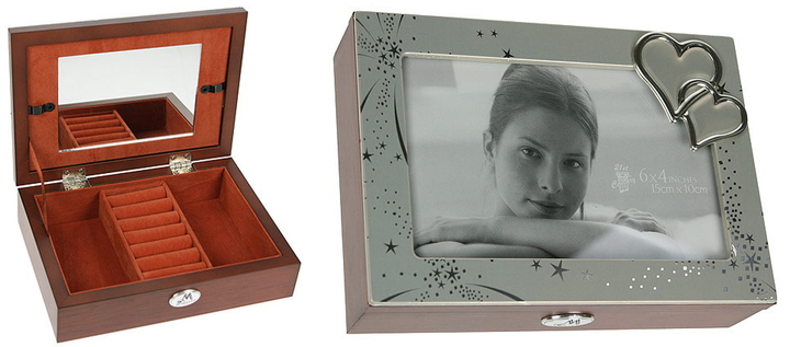 Шкатулка-фоторамка ювелирная "Moretto" Сплетение сердец, звезды, серебристый, матовый, внутри персиковый, дерево, цвет коричневый 18x13x5 см.