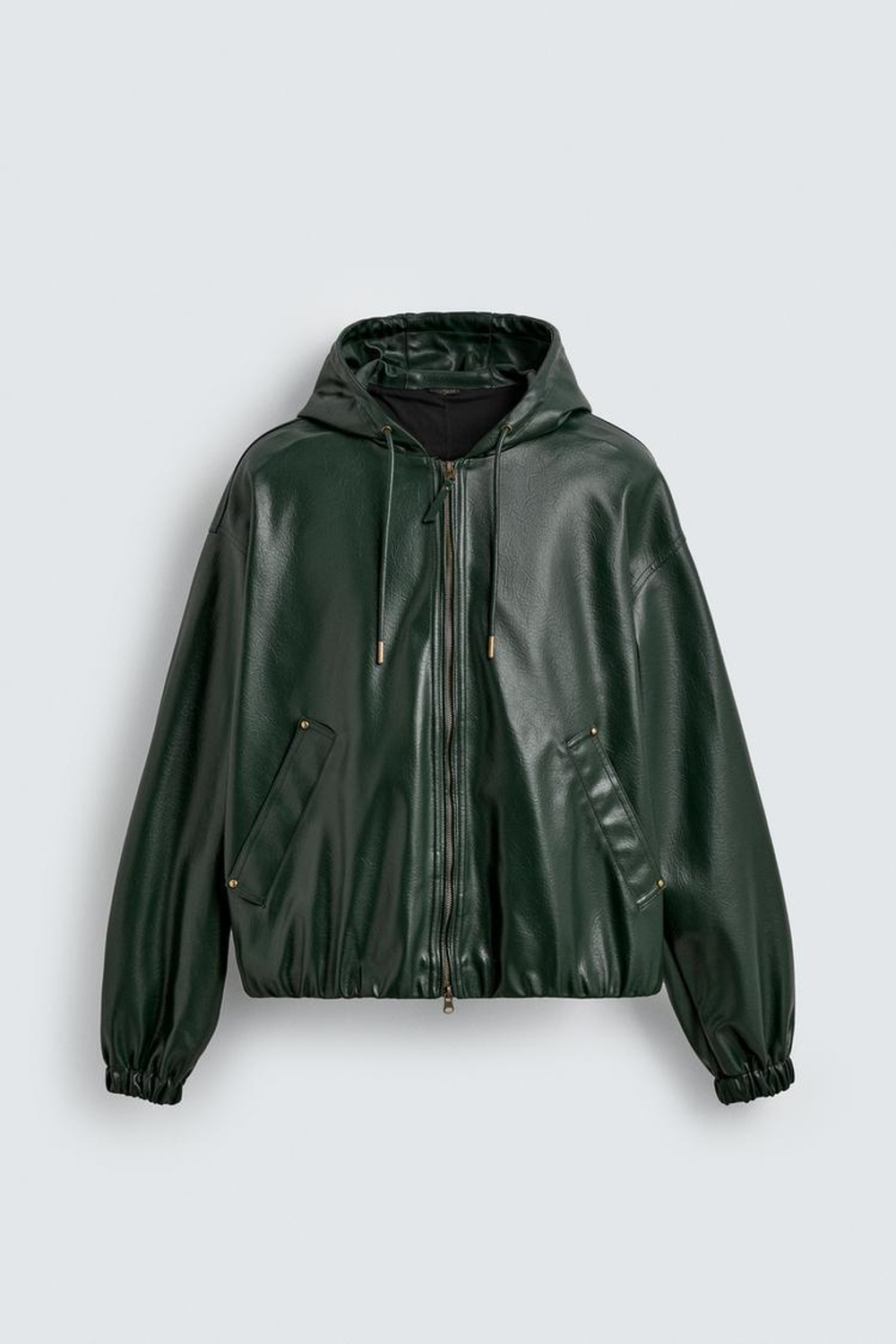 ZARA КУРТКА ИЗ ИСКУССТВЕННОЙ КОЖИ С КАПЮШОНОМ, ЗЕЛЕНЫЙ