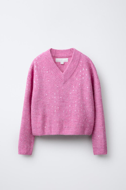 ZARA ВЯЗАНЫЙ СВИТЕР С ПАЙЕТКАМИ, ЦВЕТ ФУКСИИ
