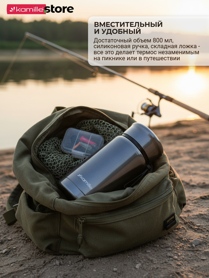 Термос для еды 800 мл. Kamille KM 2148 из нержавеющей стали с ложкой и ручкой