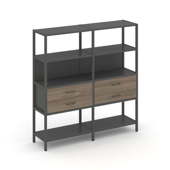 Shelf System Двухсекционный стеллаж четырехярусный с ящиками SN.STM-422 Антрацит/Вяз Благородный/Мет