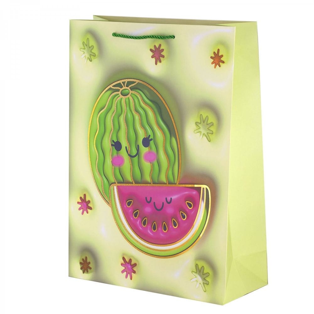 Пакет подарочный бумажный Alingar, (XL) 31х40х12 см, вертикальный, "Яркие фрукиы", матов. ламинация, тиснение голография, эффект 3D, ассорти
