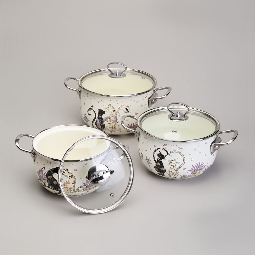 НАБОР КАСТРЮЛЬ ЭМАЛИРОВАННЫЙ, СЕРИЯ "LAVENDER CATS 6ПР. 2,0/2,8/3,8Л ДИА.18/20/22СМ