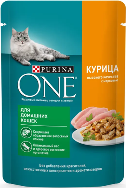 Purina ONE для домашних кошек с курицей и морковью 75г.*26шт.