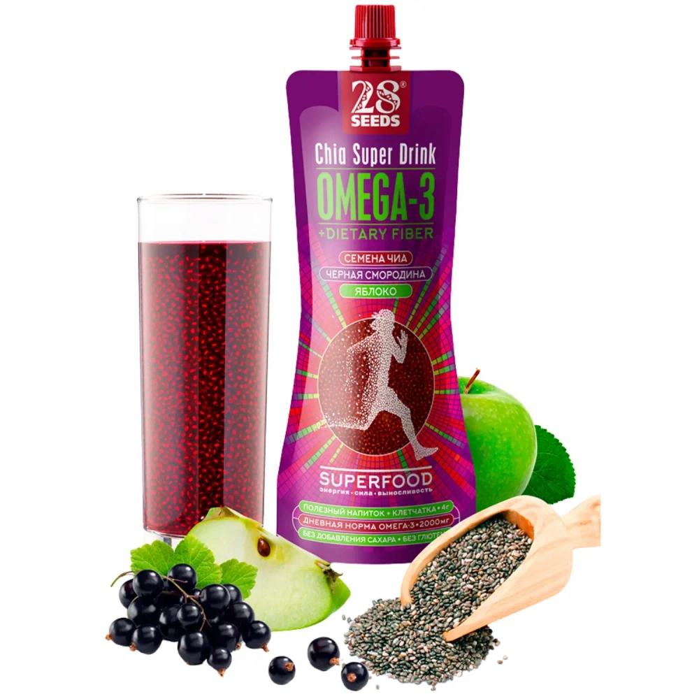 Напиток ЧИА ОМЕГА-3 «Смородина + Яблоко» 250 мл 28SEEDS — натуральный напиток с семенами чиа, черной смородиной, яблоком и пищевыми волокнами
