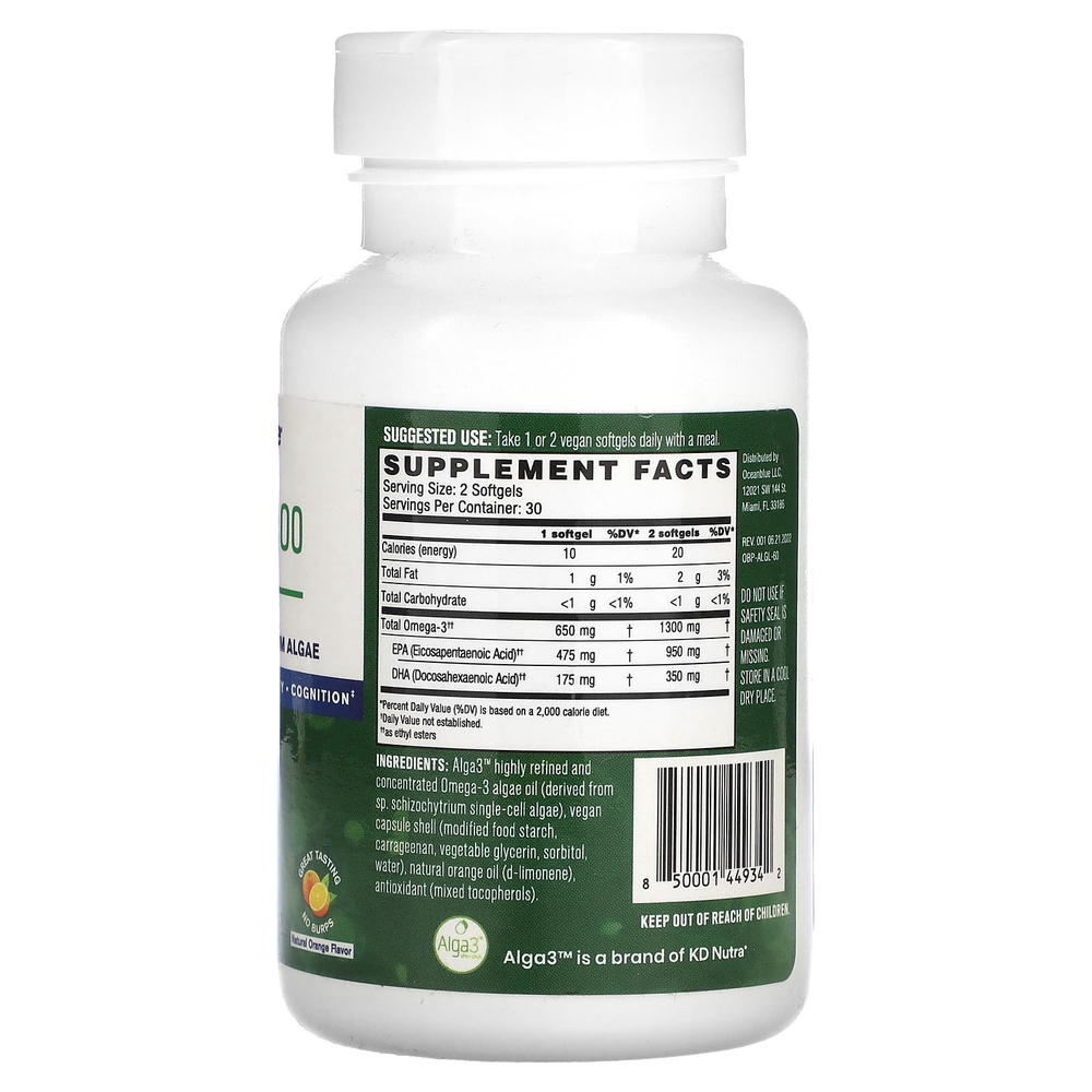 OceanBlue, Professional, веганская омега-3 1300, высокоэффективная, со вкусом натурального апельсина, 60 веганских капсул (650 мг в одной капсуле)