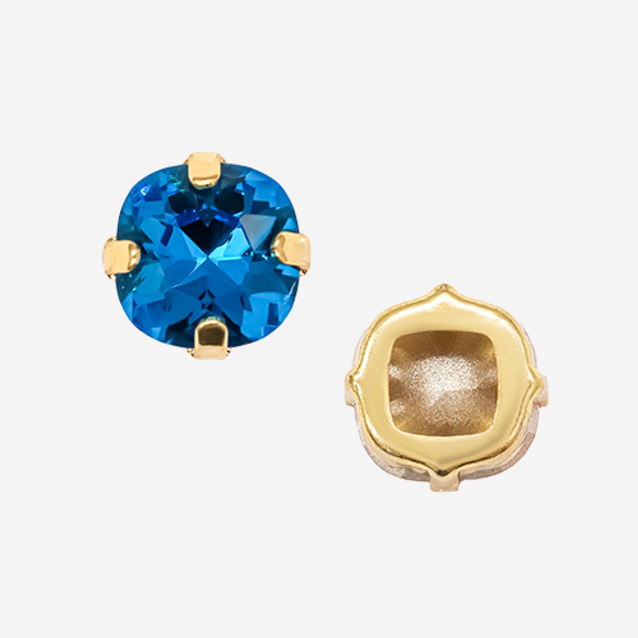 Кристалл Кушон (Сushion) в цапах, оттенок "Синий Капри"/"Capri Blue", 9,2мм, позолота