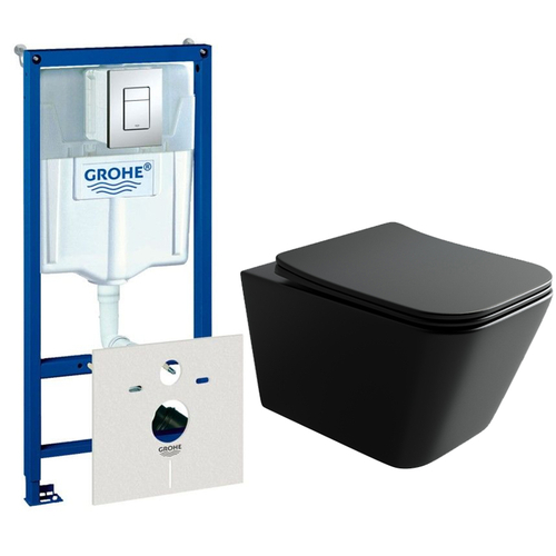 Комплект подвесной безободковый унитаз Ceramica Nova Metric CN3007MB Черный матовый с сиденьем Микролифт + инсталляция Grohe Rapid SL 38775001 4 в 1 с кнопкой смыва