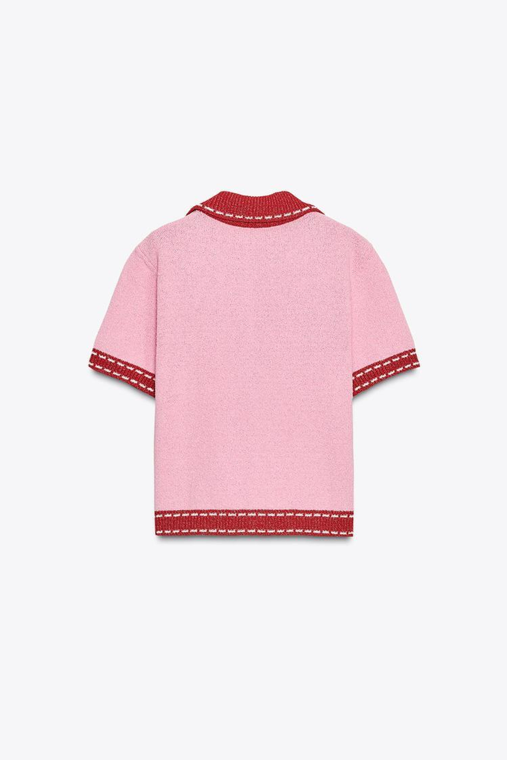 ZARA ТРИКОТАЖНЫЙ КАРДИГАН С КОРОТКИМИ РУКАВАМИ И ДЕКОРАТИВНОЙ СТРОЧКОЙ, РОЗОВЫЙ