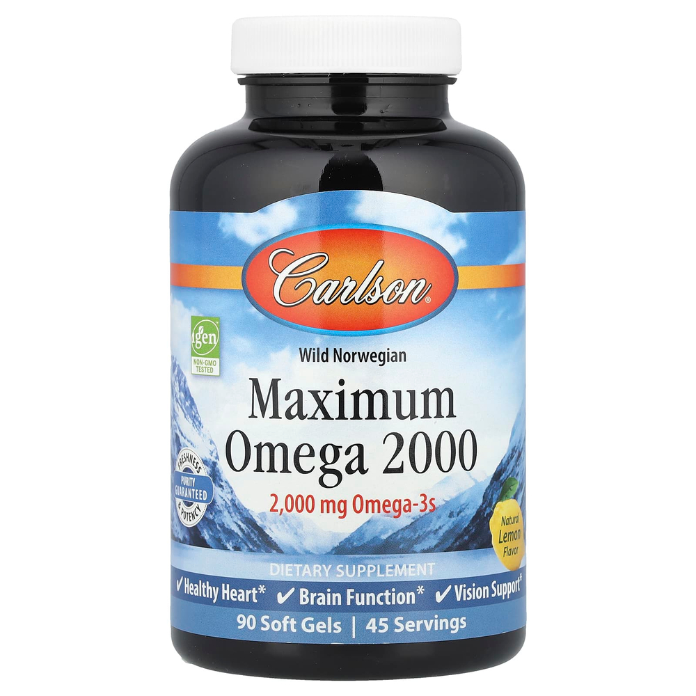 Carlson, Maximum Omega 2000, омега-3 кислоты из норвежской рыбы дикого улова, с натуральным лимонным вкусом, 2000 мг, 90 капсул (1000 мг в 1 капсуле)