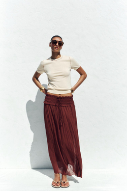 ZARA ТРИКОТАЖНЫЙ ТОП С КОРОТКИМИ РУКАВАМИ И ОКАНТОВКОЙ, ЭКРЮ