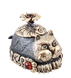 Народные промыслы AM-3955 Шкатулка «Кот в цветах» (латунь, янтарь)