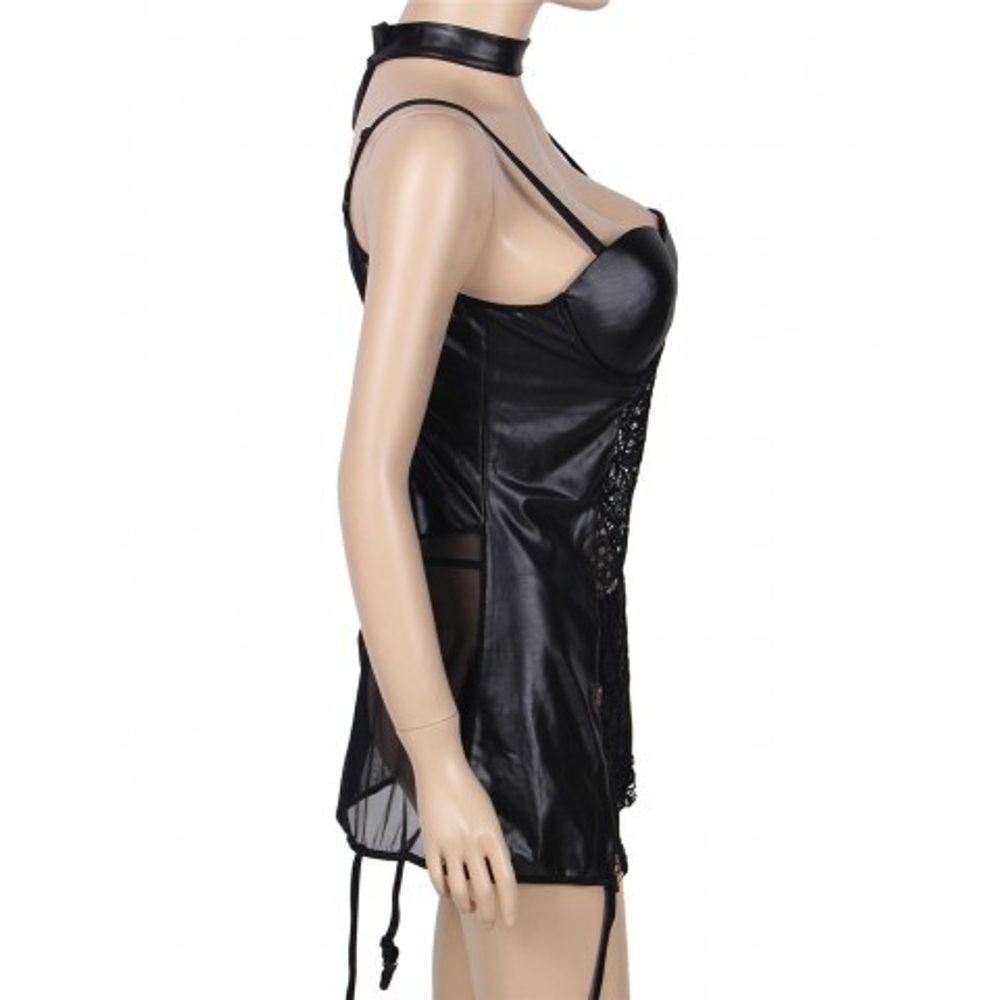 Платье кожаное с пажиками для чулок Ohyeah с кружевом +стринги, XL-2XL