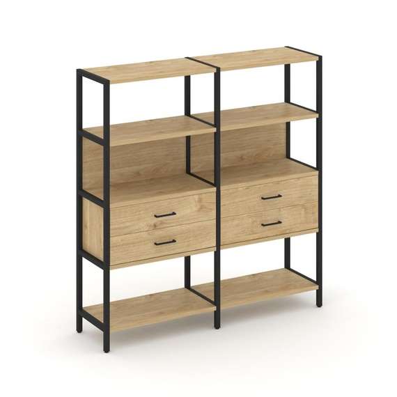 Shelf System Двухсекционный стеллаж четырехярусный с ящиками SN.STM-422 Тиквуд Светлый/Металл Черный
