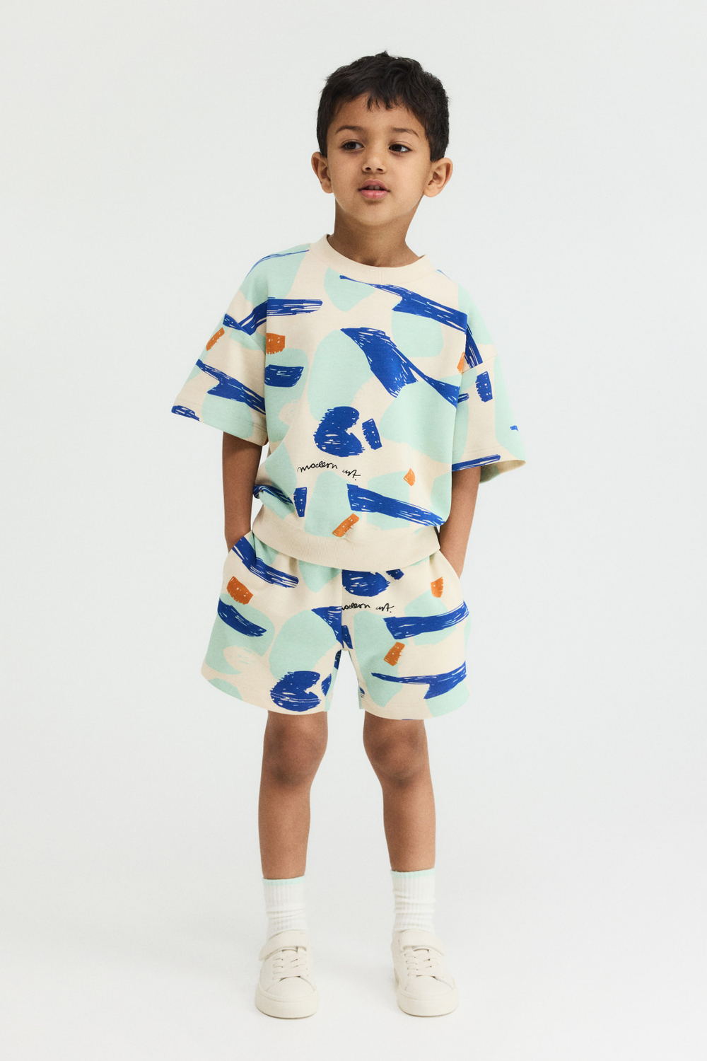 H&M Комплект из толстовки и шорт с принтом, белый/синий