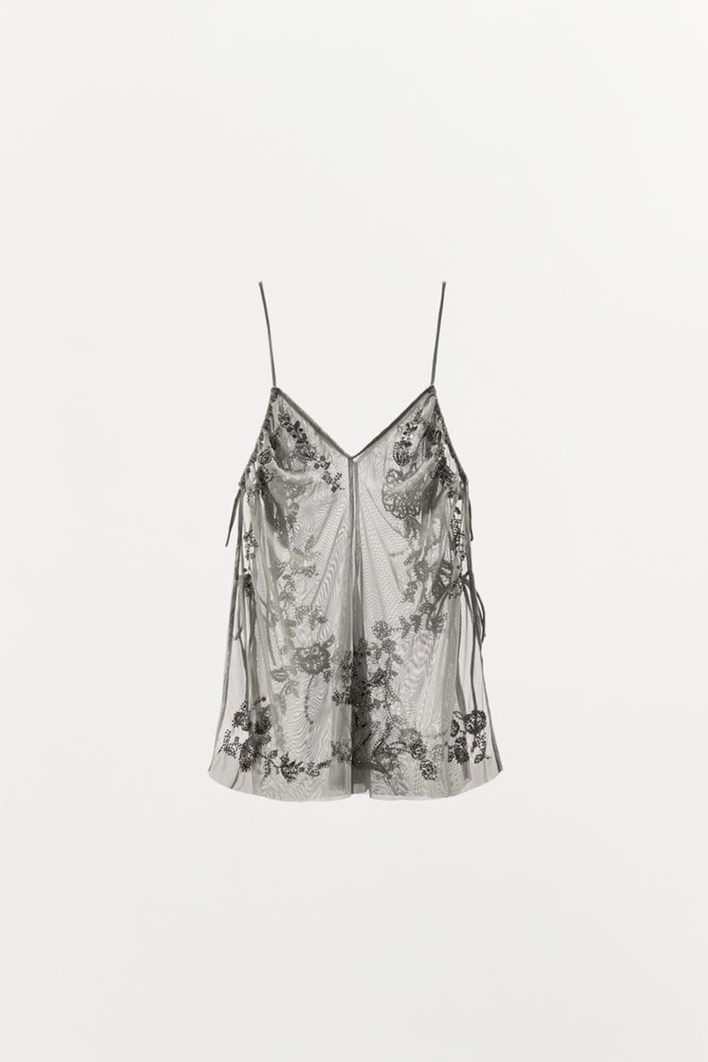 ZARA ТОП С ВЫШИВКОЙ И ПАЙЕТКАМИ, СВЕТЛО-СЕРЫЙ