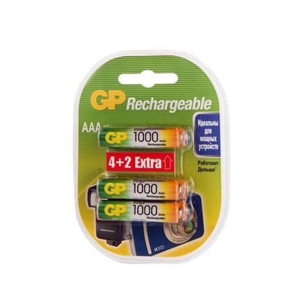 Аккумулятор GP Rechargeable 100AAAHC4/2-2CR6, типоразмер ААА, 1000 мАч, 1,2 В, 6 шт