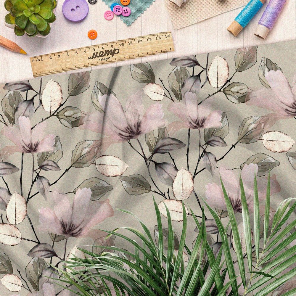 Ткань бифлекс светлые цветы с листьями