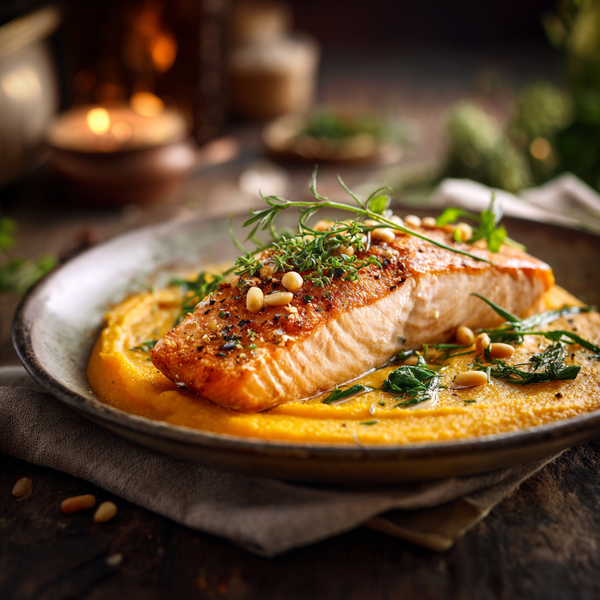 Лосось с тыквенным пюре и кедровыми орехами — уютный ужин дома Лосось с тыквенным пюре и кедровыми орехами — уютный ужин дома